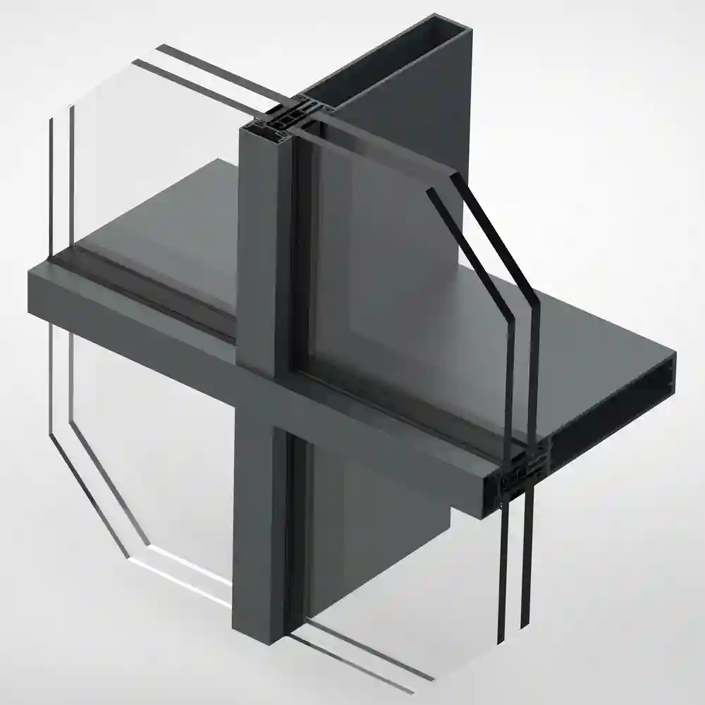 Vetro Façade curtain wall render showing the mullion and transom junction with glazing on both axes