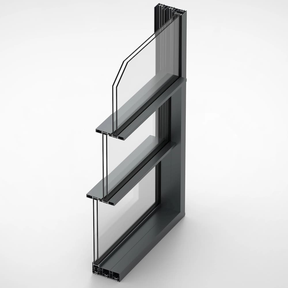 Vetro Guillotine render showing three stacked vertical sliding panels within a single frame