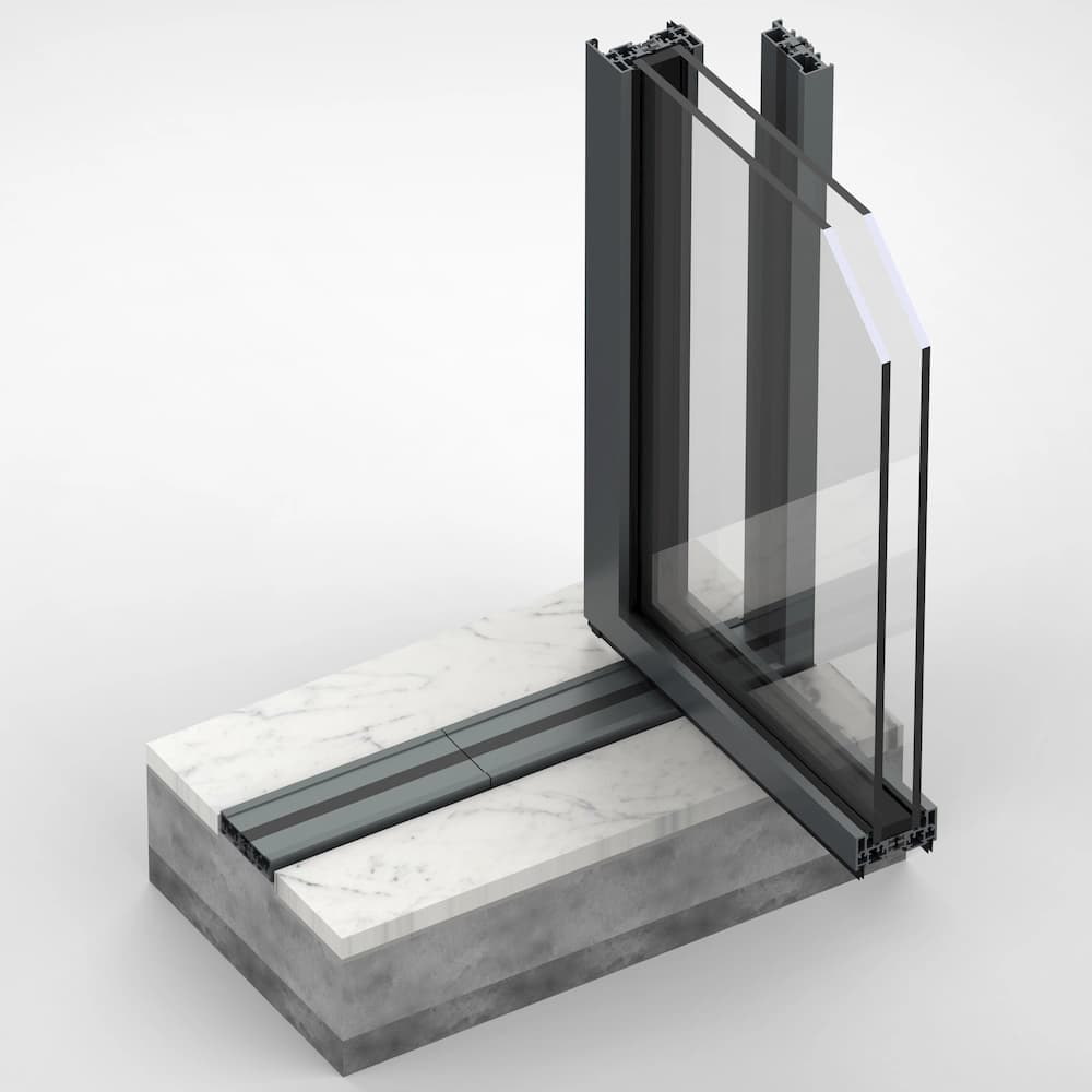 Vetro Pivot render in section, showing the door profile meeting a stone threshold over the slab