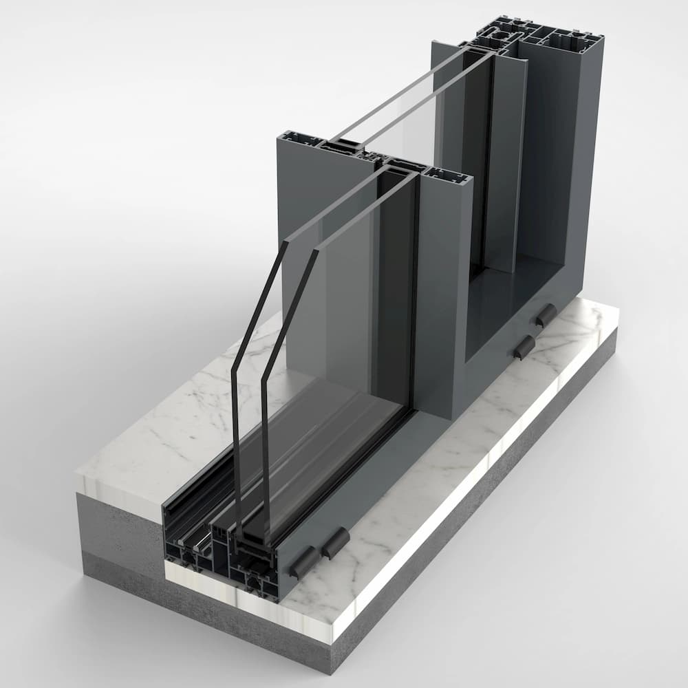 Vetro Slide render in section, showing the sliding panels, concealed frame and floor track set into stone